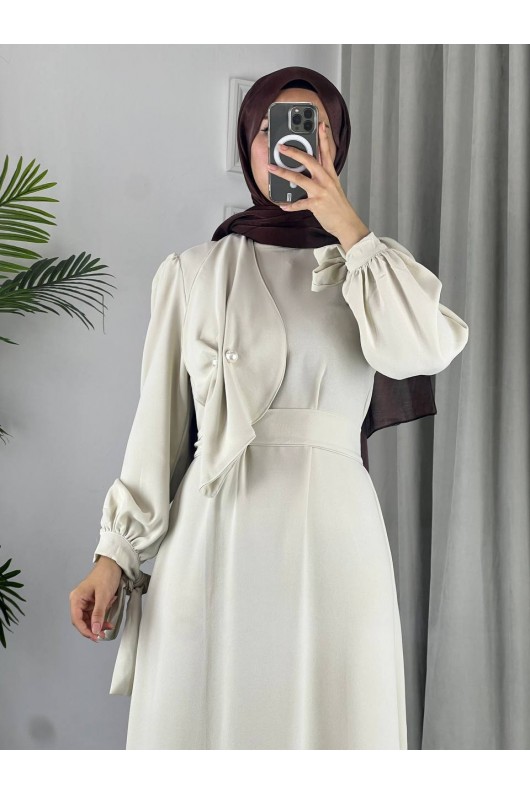 4508 - Detaylı Tesettür Elbise Bej-Z13