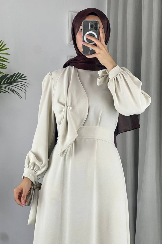 4508 - Detaylı Tesettür Elbise Bej-Z13
