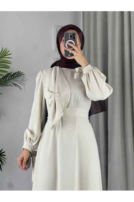 4508 - Detaylı Tesettür Elbise Bej-Z13