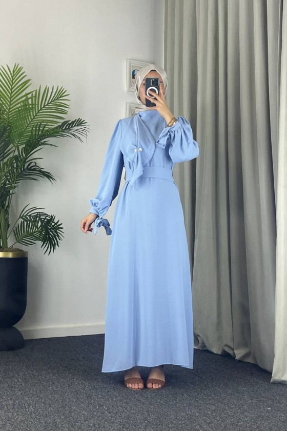 4508 - Detaylı Tesettür Elbise Mavi̇-Z13