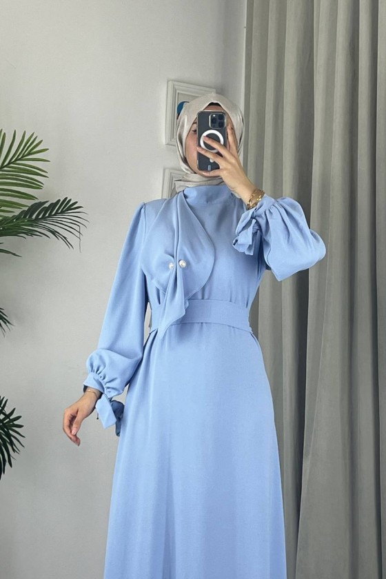 4508 - Detaylı Tesettür Elbise Mavi̇-Z13