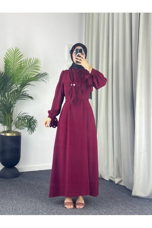 4508 - Detaylı Tesettür Elbise Bordo-Z13