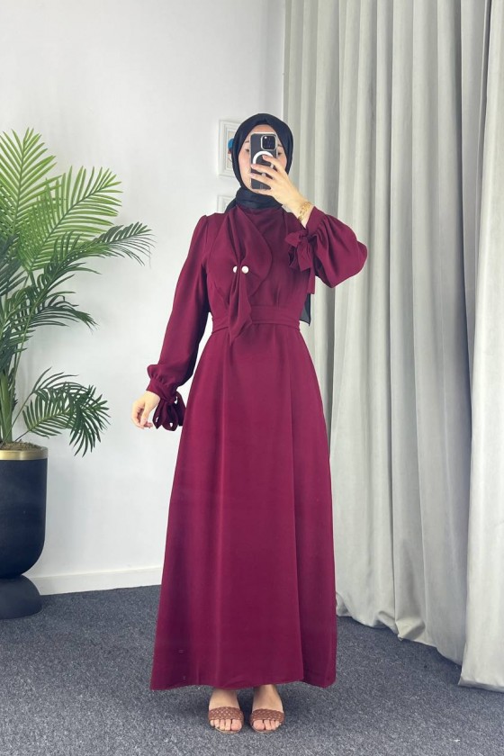 4508 - Detaylı Tesettür Elbise Bordo-Z13