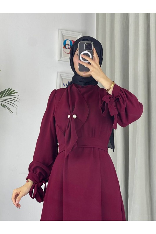 4508 - Detaylı Tesettür Elbise Bordo-Z13