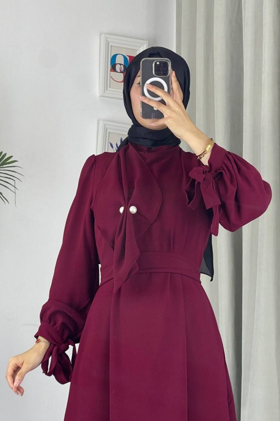 4508 - Detaylı Tesettür Elbise Bordo-Z13