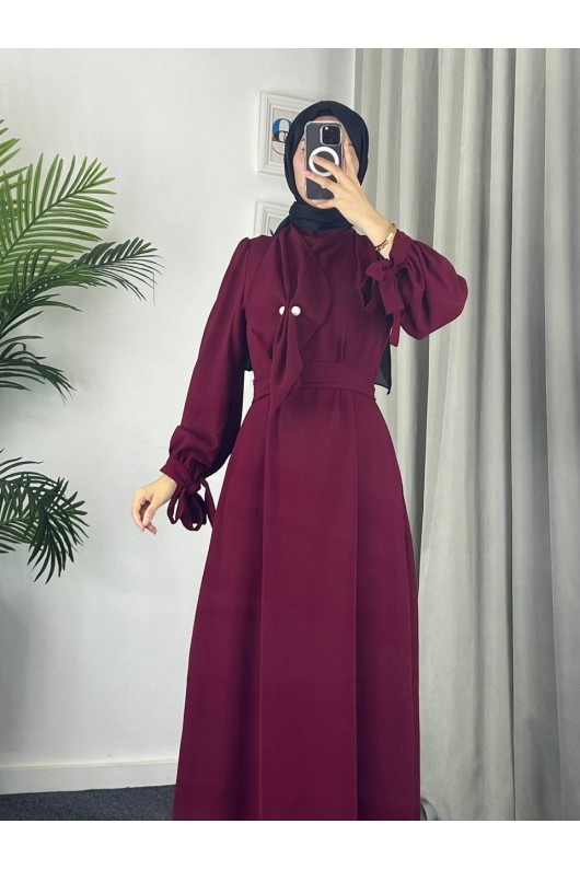 4508 - Detaylı Tesettür Elbise Bordo-Z13