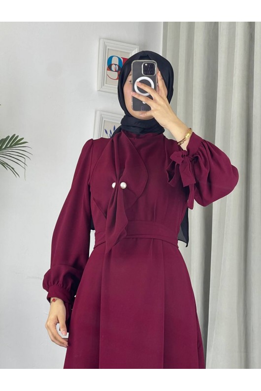 4508 - Detaylı Tesettür Elbise Bordo-Z13