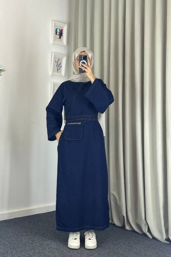 4524 - Seyyar Kemerli Cep Detaylı Kot Tesettür Elbise Mavi̇-Z1