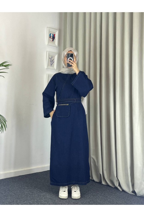 4524 - Seyyar Kemerli Cep Detaylı Kot Tesettür Elbise Mavi̇-Z1