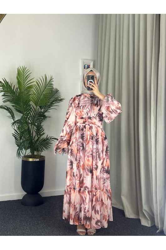 4525 - Bel Detaylı Tesettür Şifon Elbise Kahverengi̇-L5 4525 - Bel Detaylı Tesettür Şifon Elbise Kahverengi̇-L5