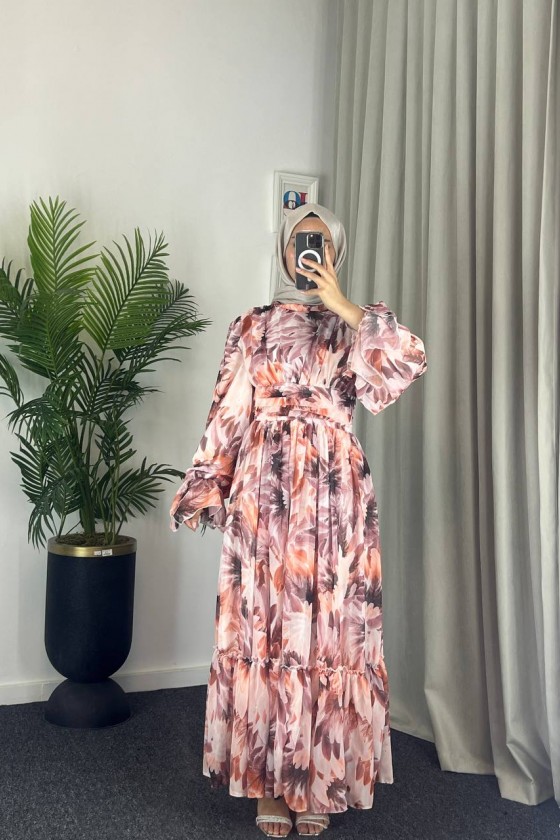 4525 - Bel Detaylı Tesettür Şifon Elbise Kahverengi̇-L5