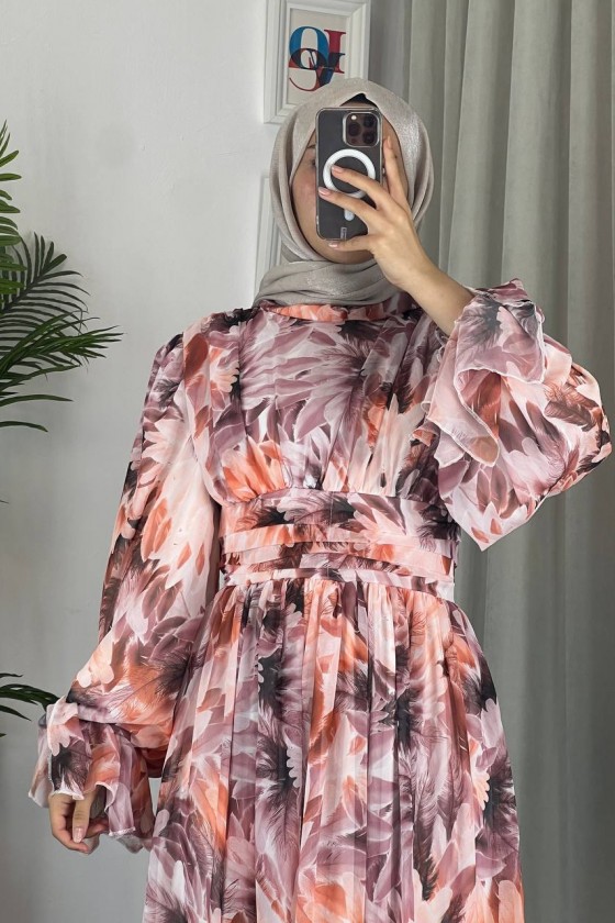 4525 - Bel Detaylı Tesettür Şifon Elbise Kahverengi̇-L5 4525 - Bel Detaylı Tesettür Şifon Elbise Kahverengi̇-L5