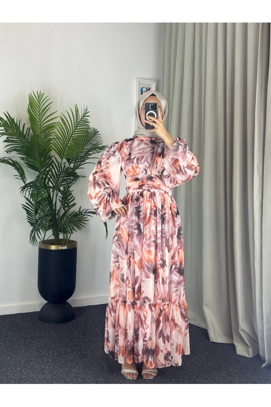 4525 - Bel Detaylı Tesettür Şifon Elbise Kahverengi̇-L5 4525 - Bel Detaylı Tesettür Şifon Elbise Kahverengi̇-L5