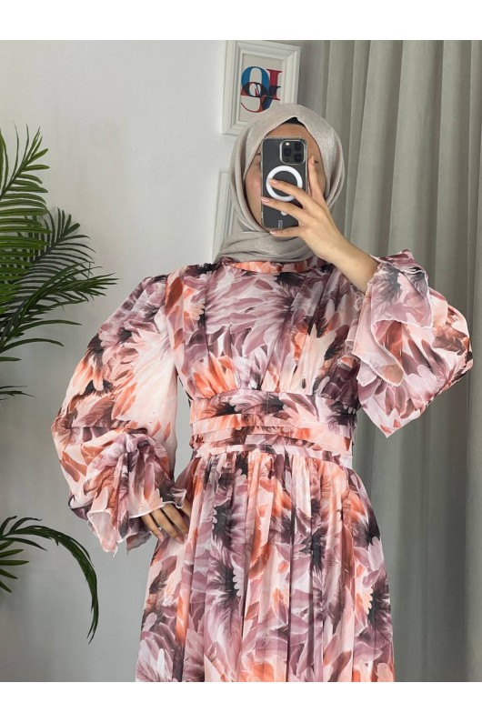 4525 - Bel Detaylı Tesettür Şifon Elbise Kahverengi̇-L5 4525 - Bel Detaylı Tesettür Şifon Elbise Kahverengi̇-L5