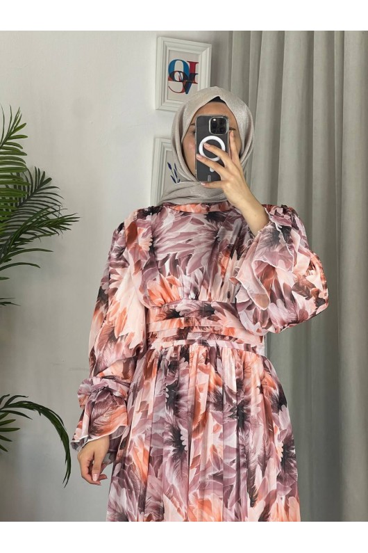 4525 - Bel Detaylı Tesettür Şifon Elbise Kahverengi̇-L5 4525 - Bel Detaylı Tesettür Şifon Elbise Kahverengi̇-L5