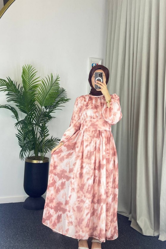 4527 - Kuşaklı Tesettür Şifon Elbise Kahverengi̇-Z18