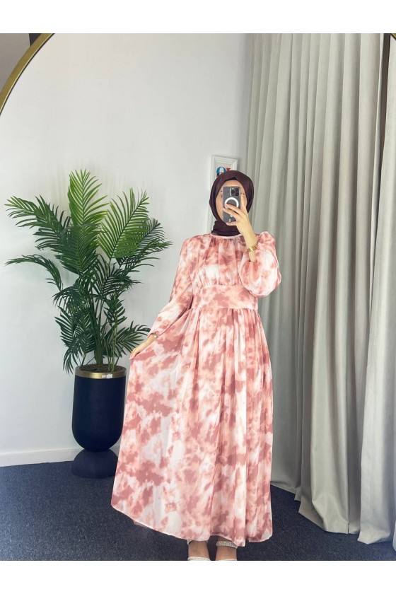 4527 - Kuşaklı Tesettür Şifon Elbise Kahverengi̇-Z18