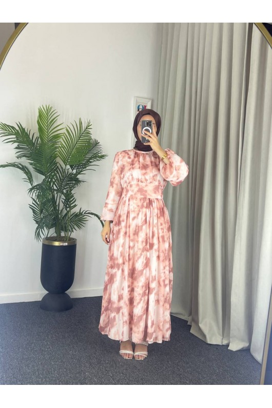 4527 - Kuşaklı Tesettür Şifon Elbise Kahverengi̇-Z18 4527 - Kuşaklı Tesettür Şifon Elbise Kahverengi̇-Z18