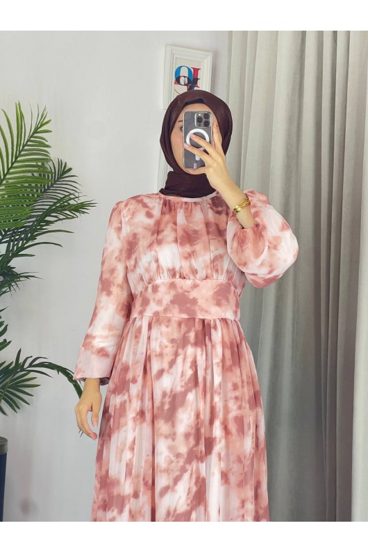 4527 - Kuşaklı Tesettür Şifon Elbise Kahverengi̇-Z18 4527 - Kuşaklı Tesettür Şifon Elbise Kahverengi̇-Z18