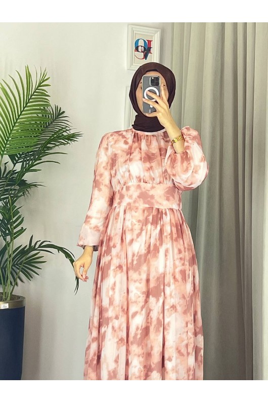 4527 - Kuşaklı Tesettür Şifon Elbise Kahverengi̇-Z18 4527 - Kuşaklı Tesettür Şifon Elbise Kahverengi̇-Z18