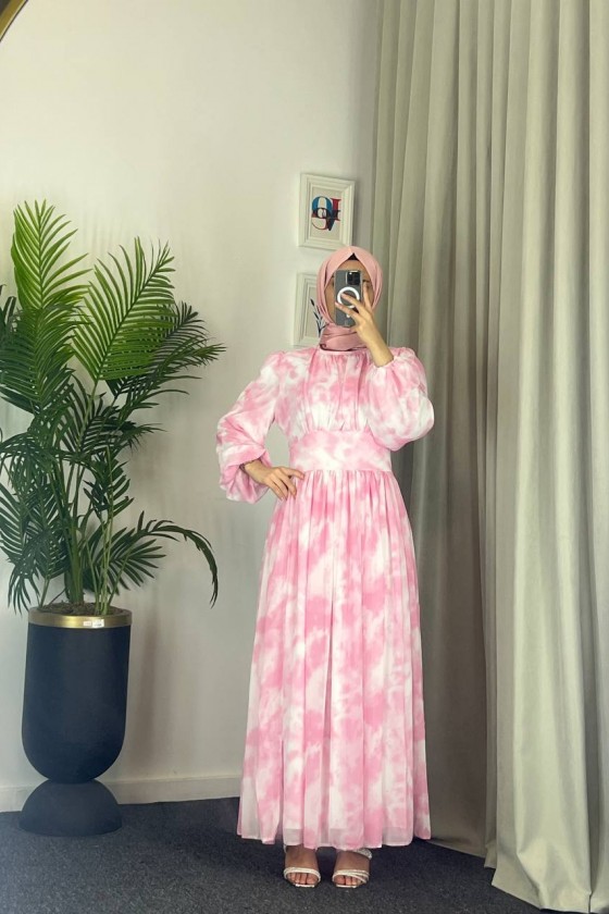 4527 - Kuşaklı Tesettür Şifon Elbise Pembe