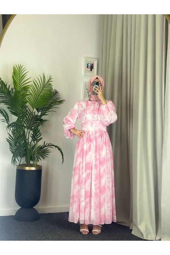 4527 - Kuşaklı Tesettür Şifon Elbise Pembe