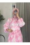 4527 - Kuşaklı Tesettür Şifon Elbise Pembe