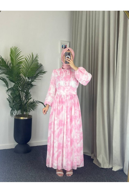 4527 - Kuşaklı Tesettür Şifon Elbise Pembe