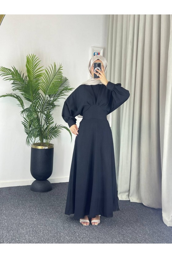 4535 - Keten Tesettür Elbise Si̇yah