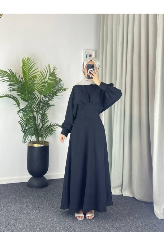 4535 - Keten Tesettür Elbise Si̇yah
