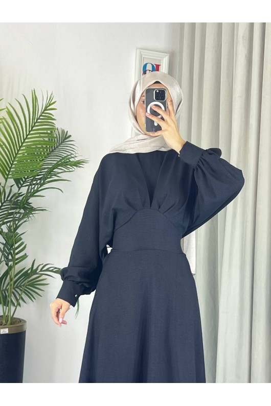 4535 - Keten Tesettür Elbise Si̇yah