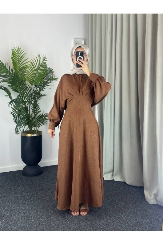 4535 - Keten Tesettür Elbise Kahverengi̇ 4535 - Keten Tesettür Elbise Kahverengi̇