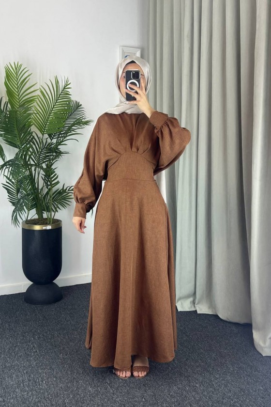 4535 - Keten Tesettür Elbise Kahverengi̇