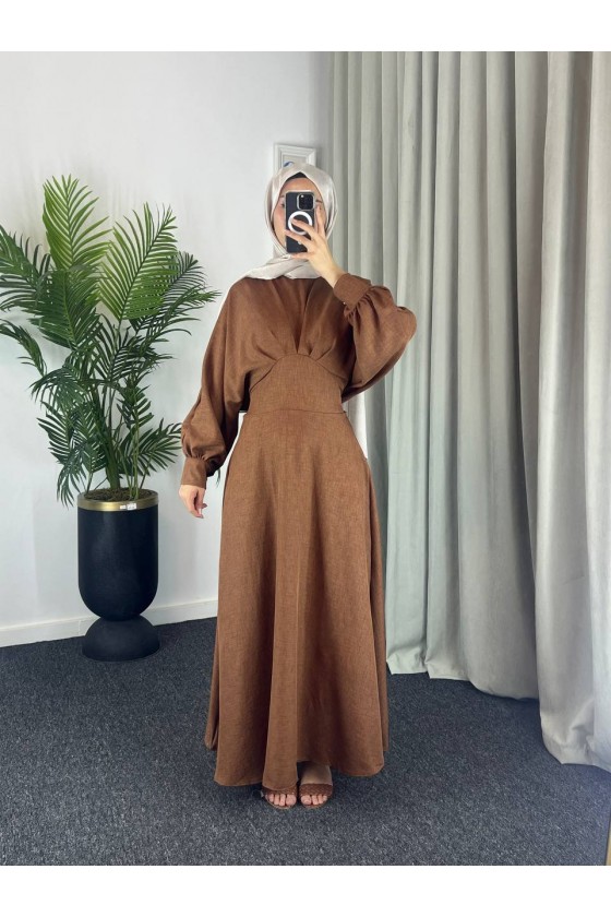 4535 - Keten Tesettür Elbise Kahverengi̇
