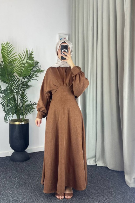 4535 - Keten Tesettür Elbise Kahverengi̇ 4535 - Keten Tesettür Elbise Kahverengi̇