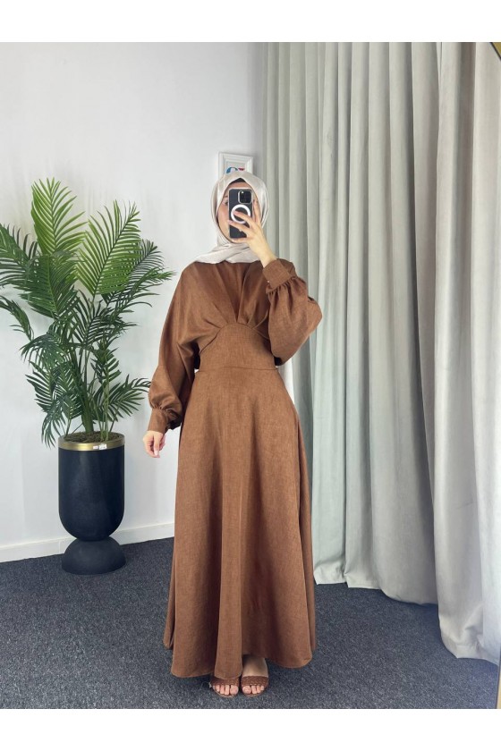 4535 - Keten Tesettür Elbise Kahverengi̇ 4535 - Keten Tesettür Elbise Kahverengi̇