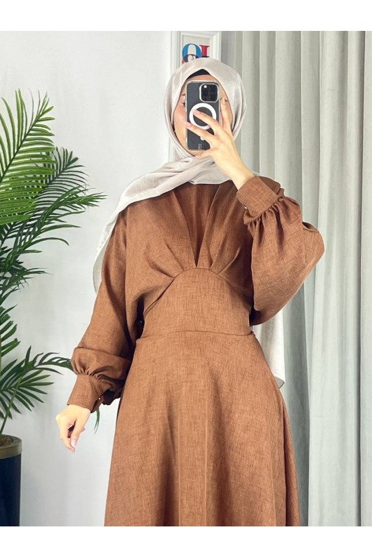 4535 - Keten Tesettür Elbise Kahverengi̇ 4535 - Keten Tesettür Elbise Kahverengi̇