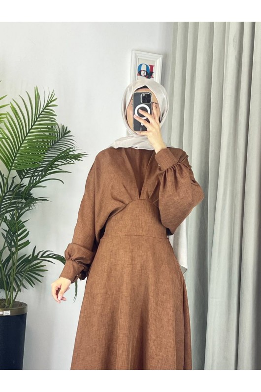 4535 - Keten Tesettür Elbise Kahverengi̇ 4535 - Keten Tesettür Elbise Kahverengi̇