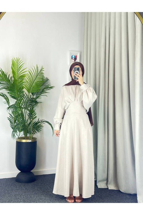 4535 - Keten Tesettür Elbise Bej