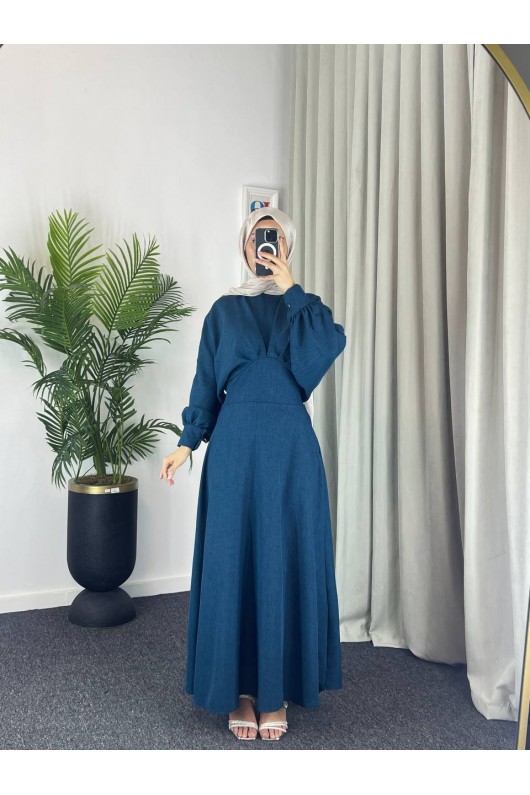 4535 - Keten Tesettür Elbise Mavi̇ 4535 - Keten Tesettür Elbise Mavi̇