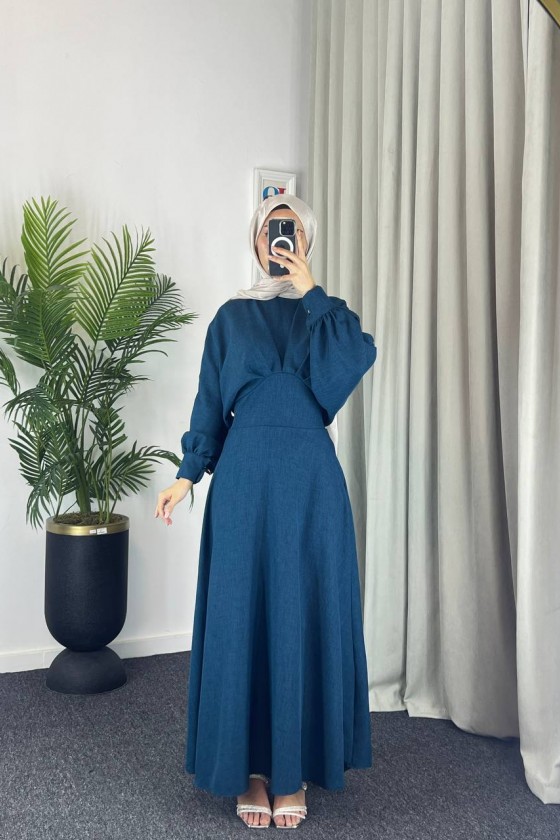 4535 - Keten Tesettür Elbise Mavi̇