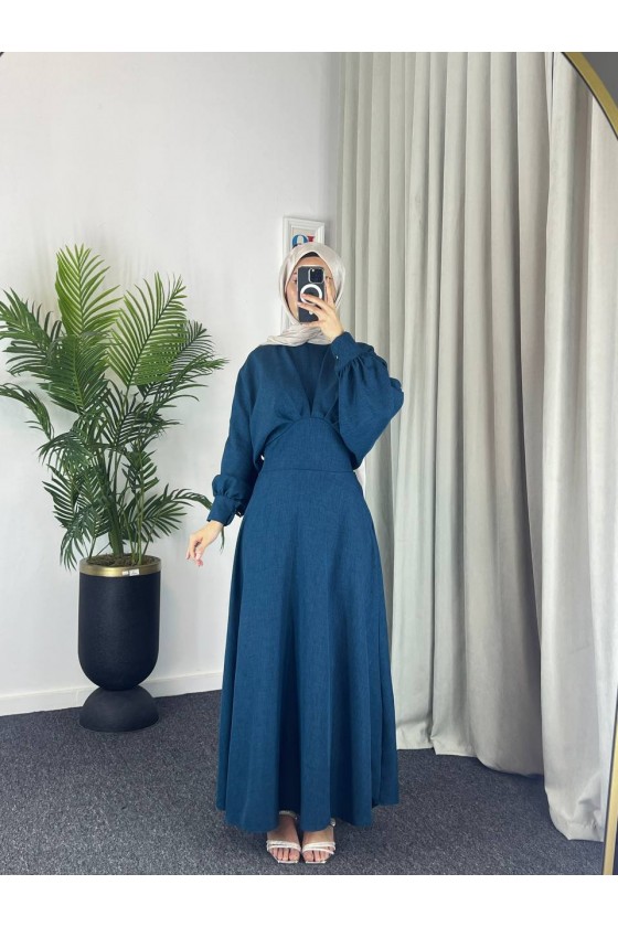 4535 - Keten Tesettür Elbise Mavi̇