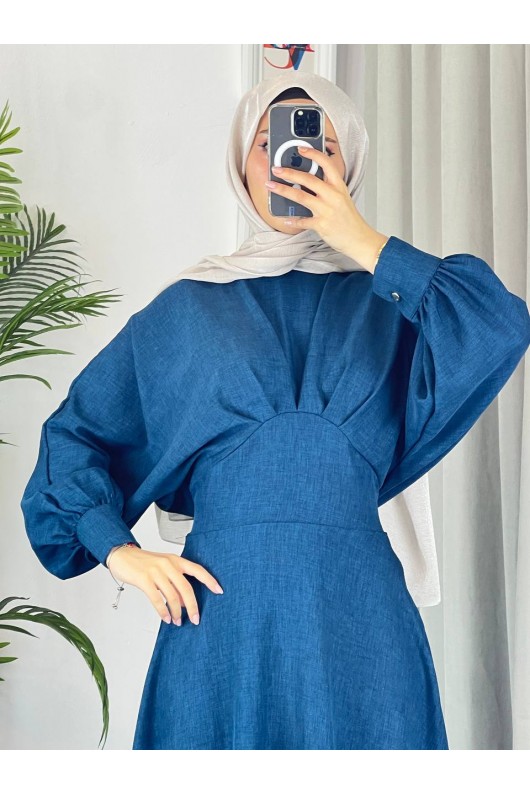4535 - Keten Tesettür Elbise Mavi̇ 4535 - Keten Tesettür Elbise Mavi̇