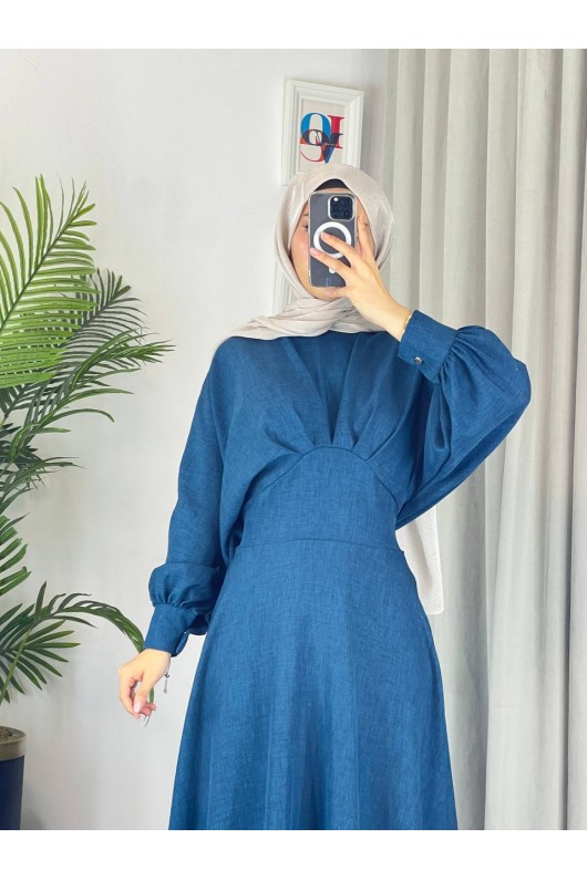 4535 - Keten Tesettür Elbise Mavi̇ 4535 - Keten Tesettür Elbise Mavi̇