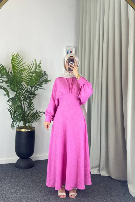 4535 - Keten Tesettür Elbise Pembe