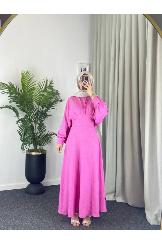 4535 - Keten Tesettür Elbise Pembe