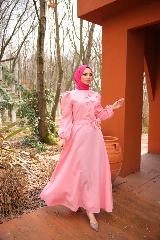 4586 - Çiçek Detaylı Tesettür Elbise Pembe-A2