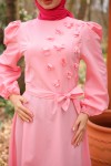 4586 - Çiçek Detaylı Tesettür Elbise Pembe-A2