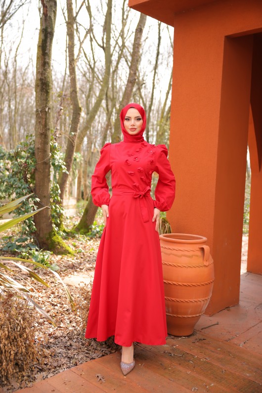 4586 - Çiçek Detaylı Tesettür Elbise Kirmizi-A2