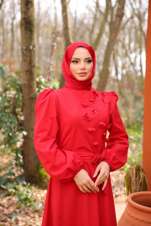 4586 - Çiçek Detaylı Tesettür Elbise Kirmizi-A2